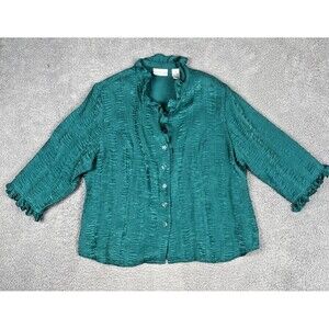 Drapers & Damons Top Women PXL Petite Green Blouse Ruffled Buttons Crinkle